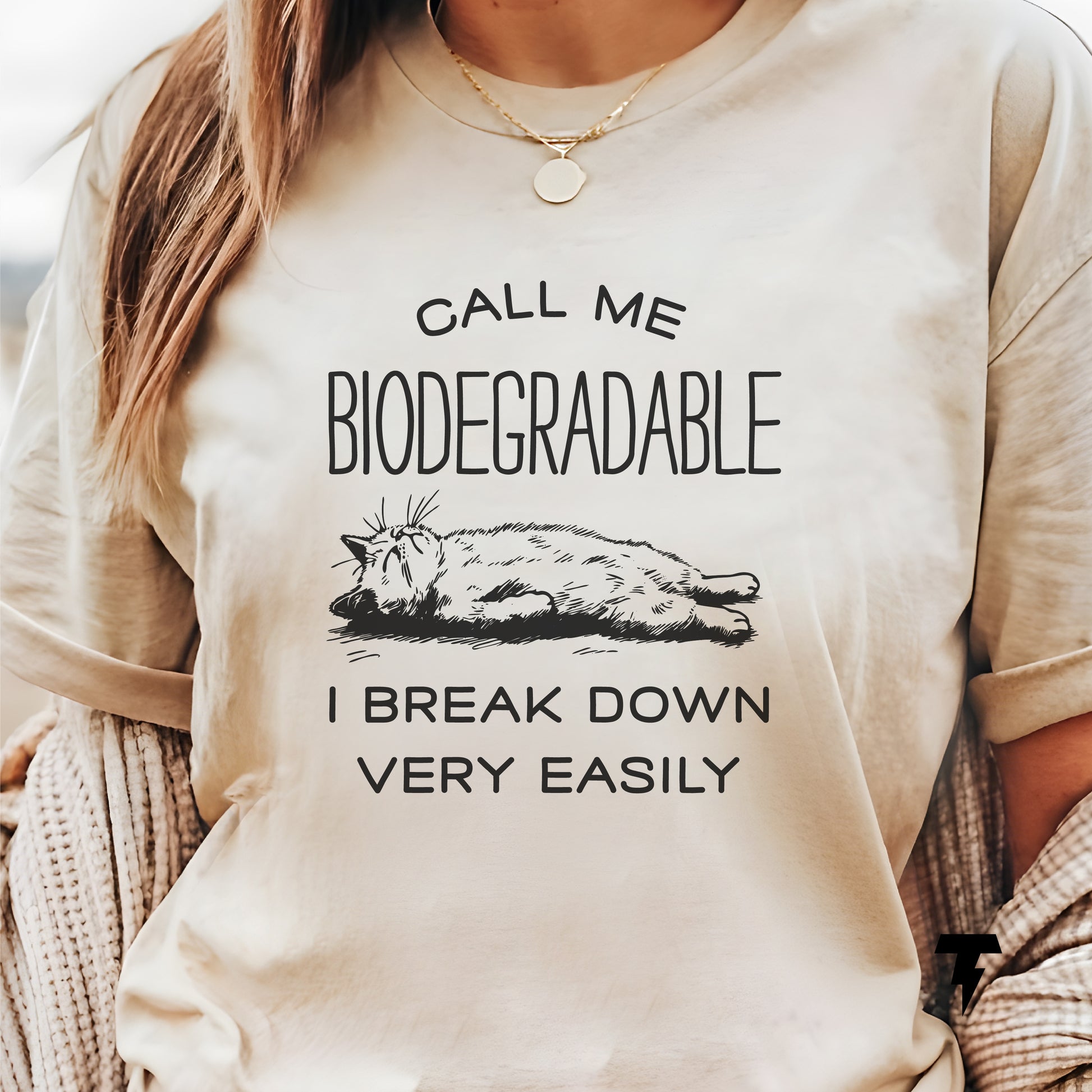 Funny 'Call Me Biodegradable, I Break Down Easily' cat shirt design, ideal gift for cat lovers, showcases cat humor and casual style.
