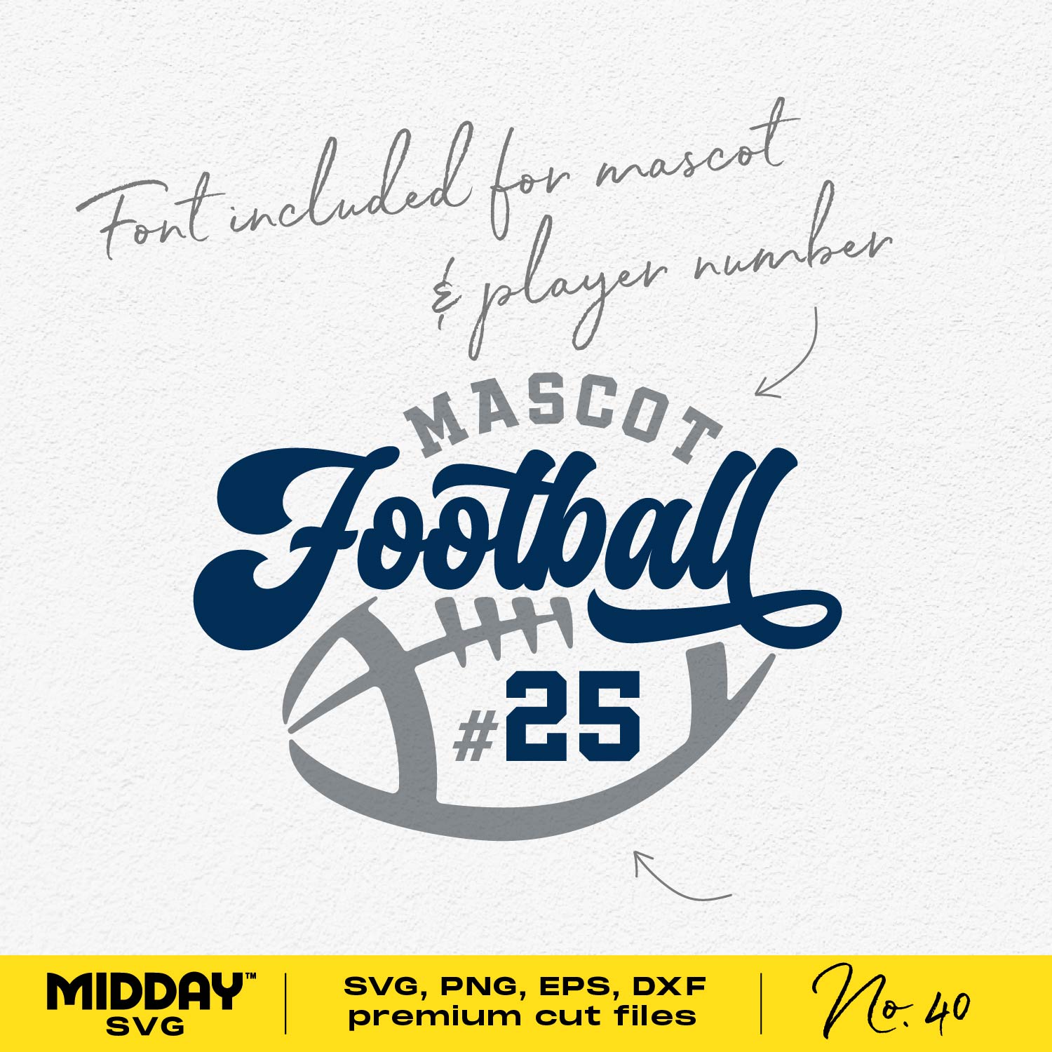 Football team template with customizable mascot and player number font in SVG, PNG, DXF, and EPS formats by Midday SVG.