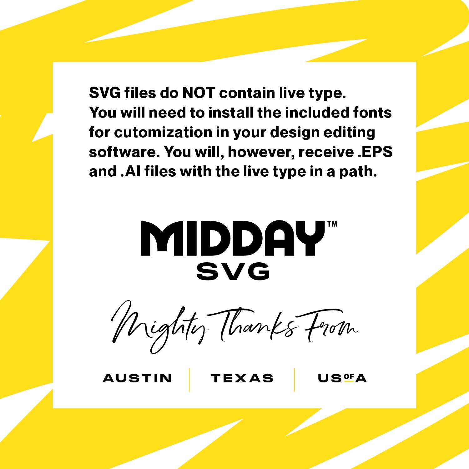 Yellow graphic with text about Midday SVG fonts, highlighting the need to install included fonts for customization in design software.