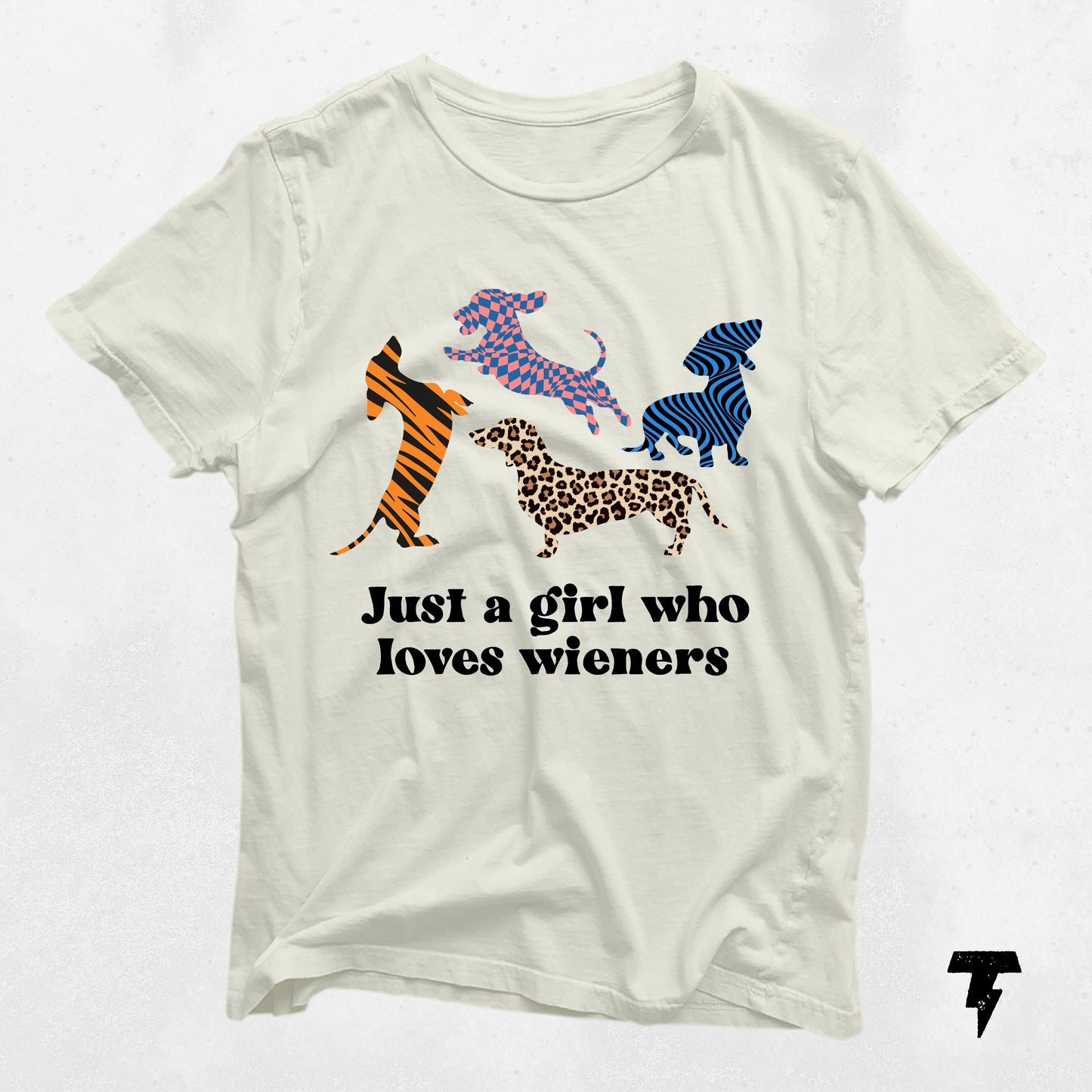 "Just a girl who loves wieners" dachshund shirt with colorful patterned dogs, perfect gift for dachshund moms.