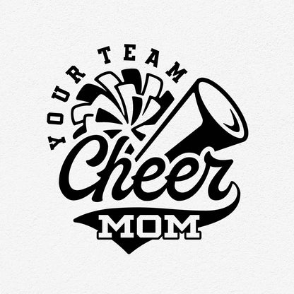 Cheer Mom SVG template with pom-pom and megaphone for personalized team apparel.