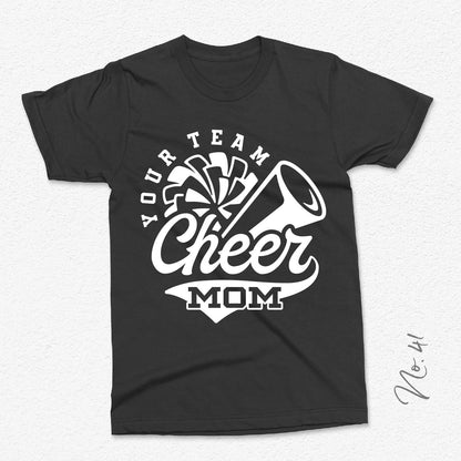 Black t-shirt with Cheer Mom design and cheerleader megaphone graphic, perfect for team spirit clothing; includes customization options.