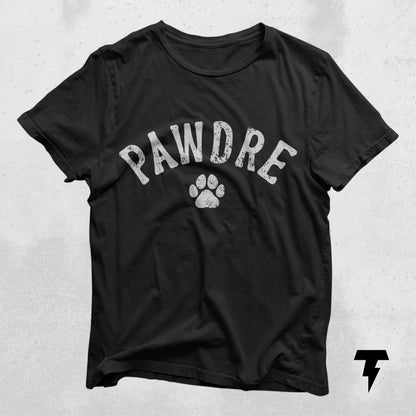Pawdre Dog Dad funny shirt for men, perfect dog lover gift, black tee with paw print, unisex cotton jersey.