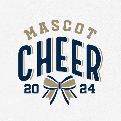 Customizable cheer team template with bow, 2024, featuring 'Mascot Cheer' text in bold blue and gold letters on a white background.
