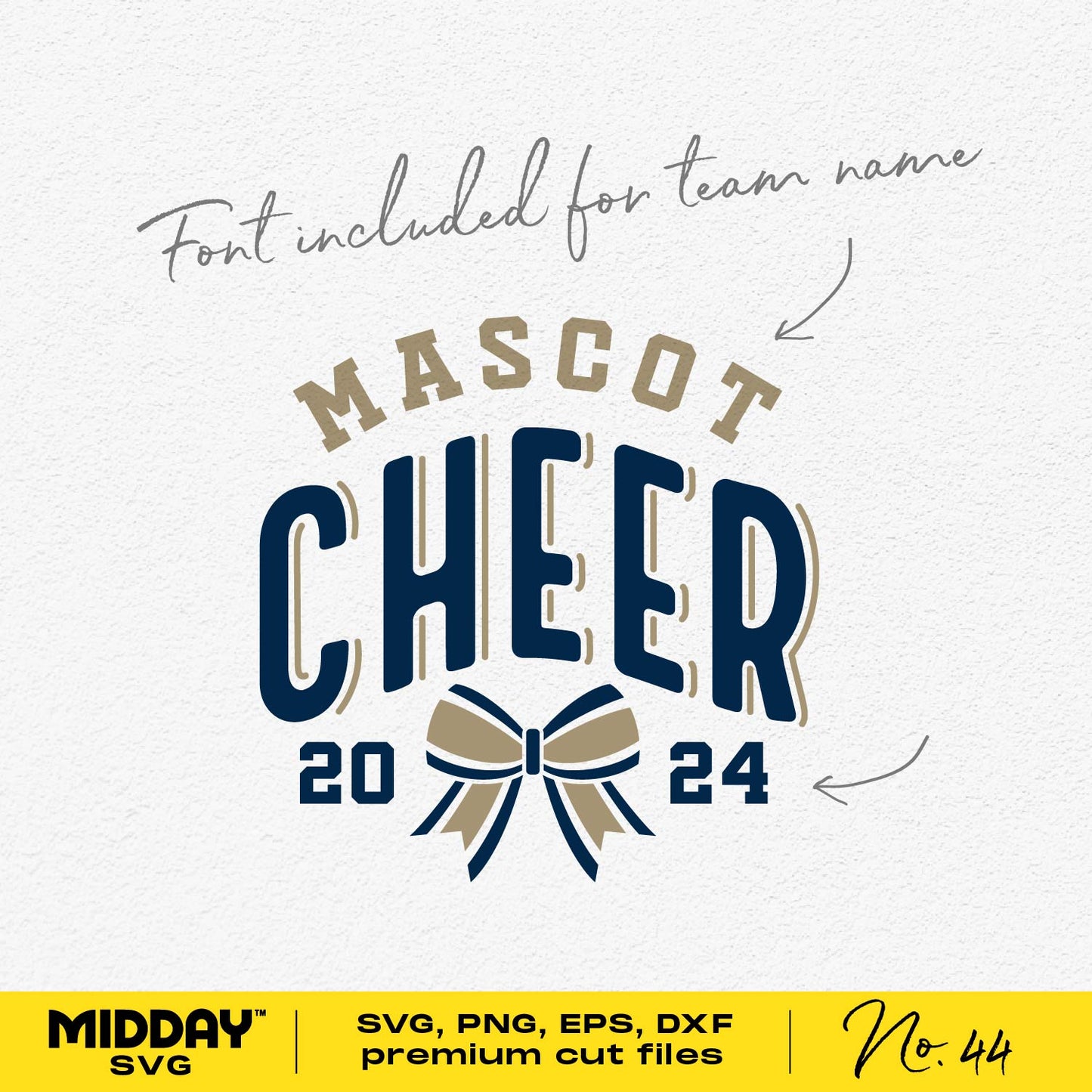Customizable Fun Cheer Team Template with Bow for 2024 featuring mascot design and included team name font.