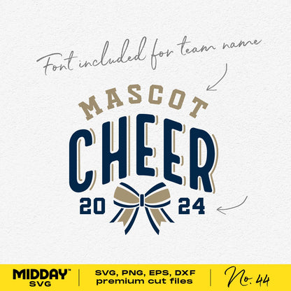 Customizable Fun Cheer Team Template with Bow for 2024 featuring mascot design and included team name font.