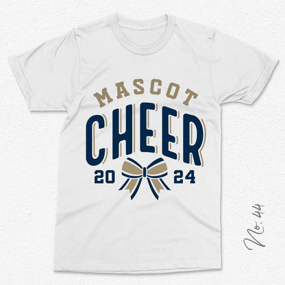 Customizable cheer team t-shirt with bow and year 2024 design, perfect for showcasing team spirit.