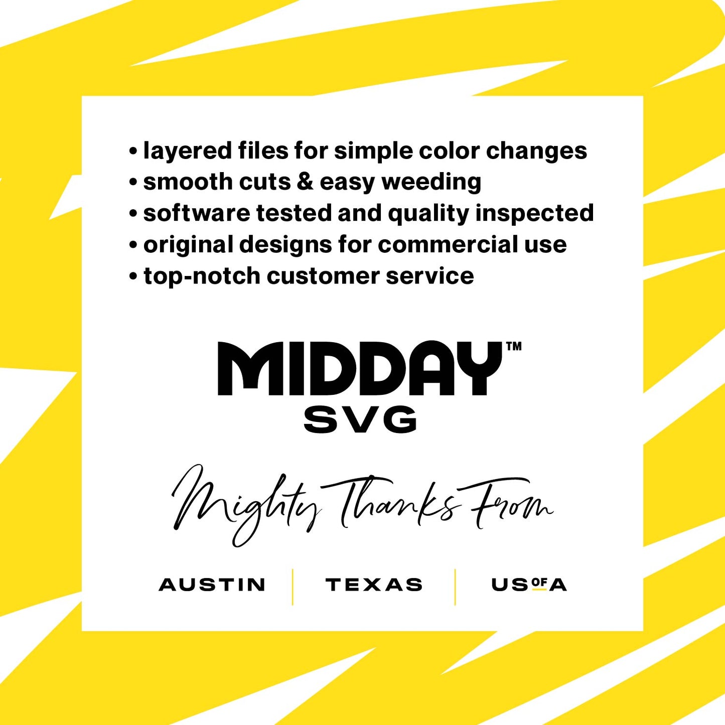 Midday SVG promotional image highlighting features like easy weeding, quality inspection, and located in Austin, Texas, USA.