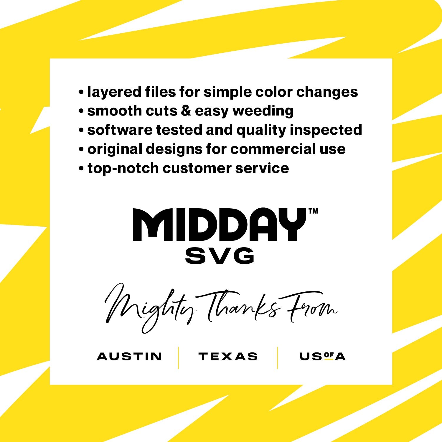 Midday SVG promotional image highlighting features like easy weeding, quality inspection, and located in Austin, Texas, USA.