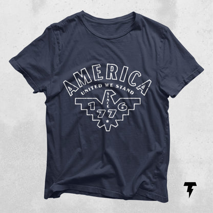 Navy blue USA patriotic shirt with 'America United We Stand' and 'Since 1776' text, ideal for Fourth of July and Memorial Day celebrations.