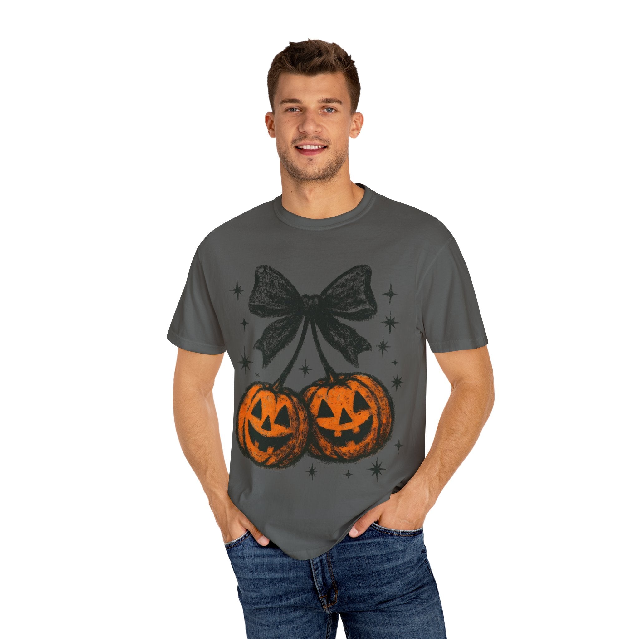 Cherries Pumpkin Comfort Colors® T-shirt, Halloween Jack O Lantern Gift, Fall Coquette Bow, Pumpkin Season Shirt, Cozy Autumn Tee