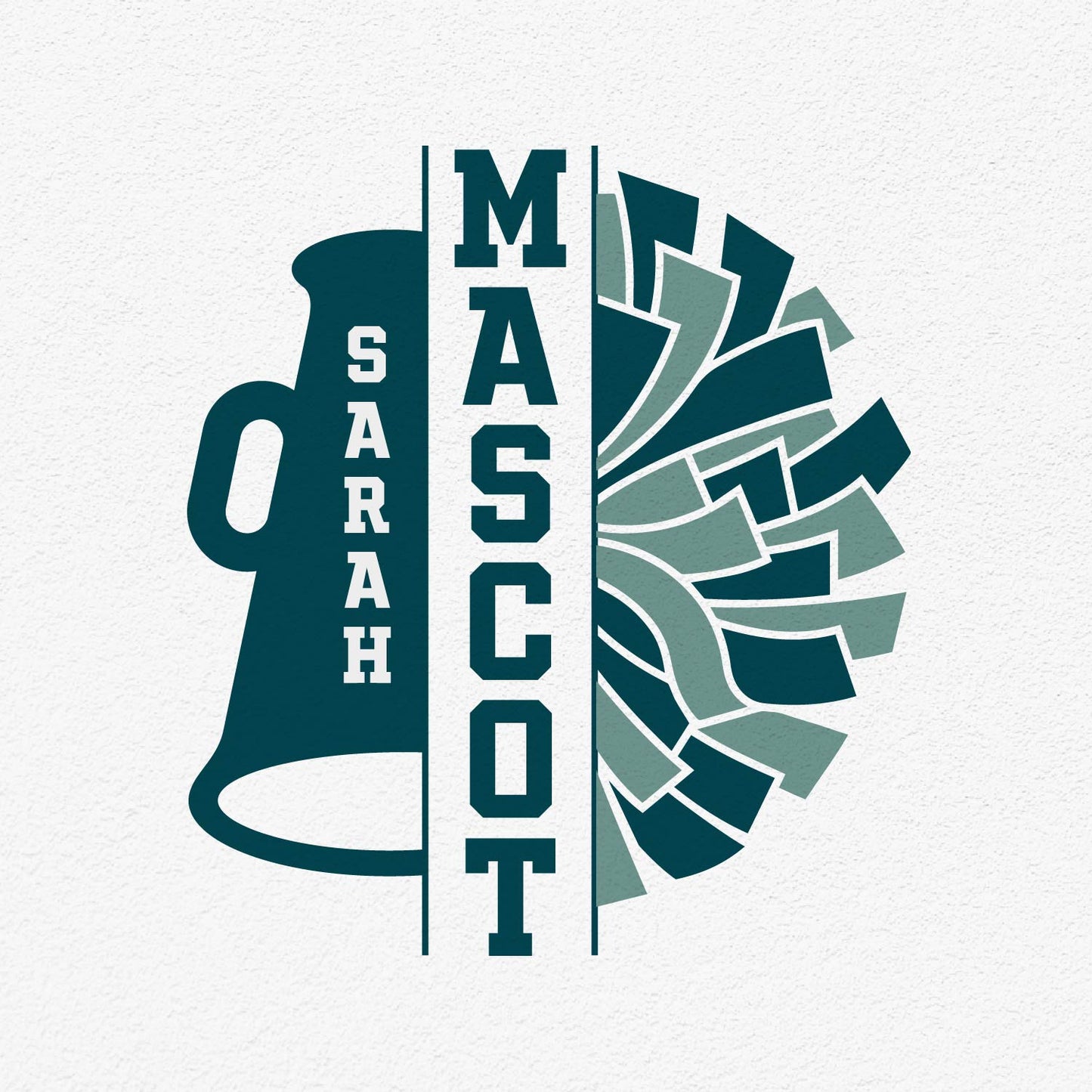 Cheer team megaphone and pom-pom design with mascot name in digital SVG, PNG, DXF, EPS formats for crafting.