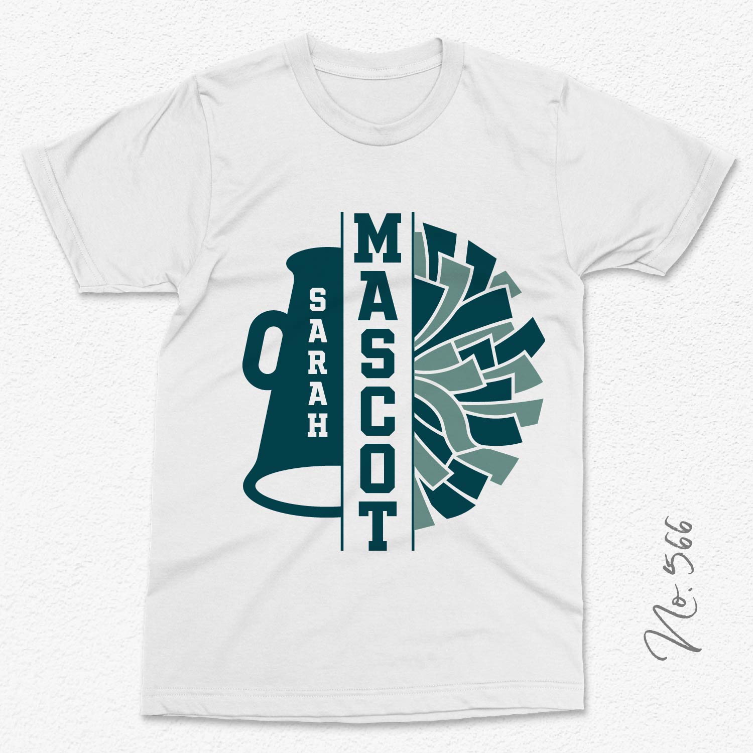 White t-shirt featuring cheer team megaphone and mascot design, customizable with SVG, PNG, DXF, EPS formats, ideal for Cricut and Silhouette.
