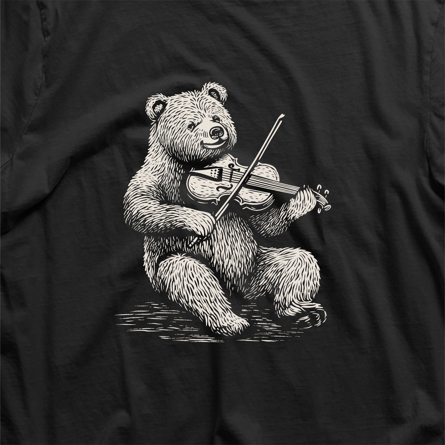 Cute bear playing violin illustration on a black t-shirt, perfect gift for music teachers, violin players, and music lovers.