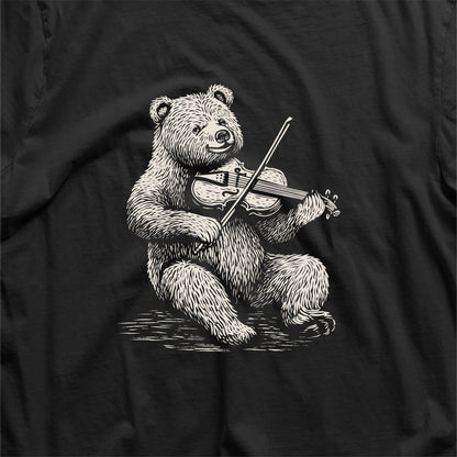 Cute bear playing violin illustration on a black t-shirt, perfect gift for music teachers, violin players, and music lovers.