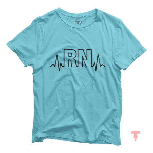 Turquoise RN t-shirt with EKG heartbeat design for nurses. Made from 100% cotton, perfect gift for medical professionals and students.