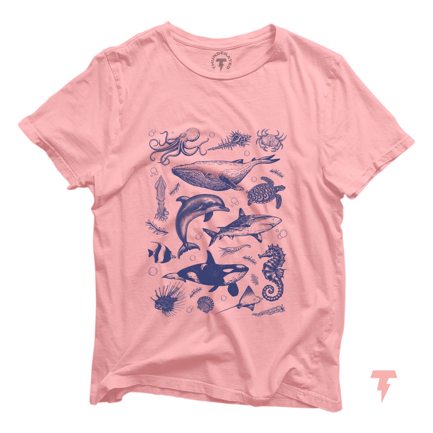 Pink T-shirt with vintage ocean wildlife illustrations featuring orca, whale, dolphin, and shark