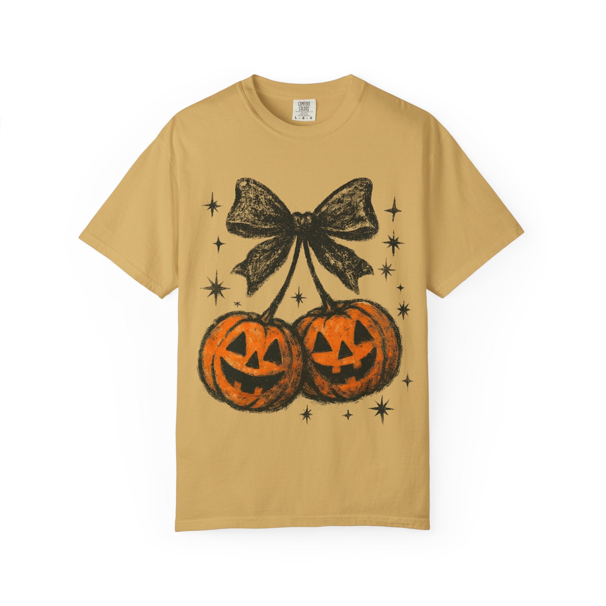 Cherries Pumpkin Comfort Colors® T-shirt, Halloween Jack O Lantern Gift, Fall Coquette Bow, Pumpkin Season Shirt, Cozy Autumn Tee