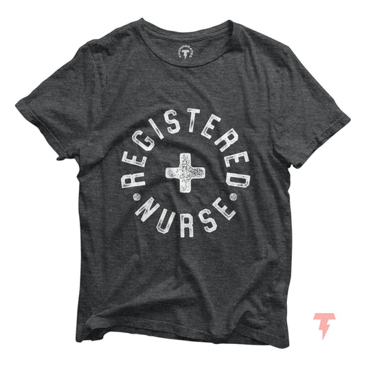 Military style Registered Nurse shirt with dog tag lettering, perfect RN gift and healthcare hero apparel, minimal design.