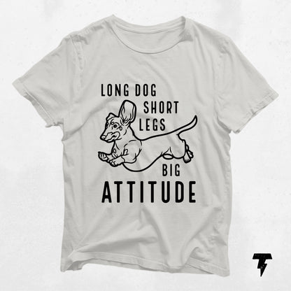 Cream dachshund shirt with "Long Dog Short Legs Big Attitude" text, featuring a fun doxie design. Perfect gift for dog moms and wiener dog lovers.