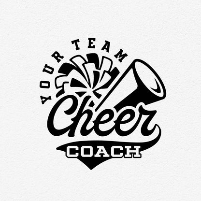 Cheer Coach design featuring megaphone and pom-poms, suitable for cheer team shirts in SVG, PNG, DXF, EPS formats.