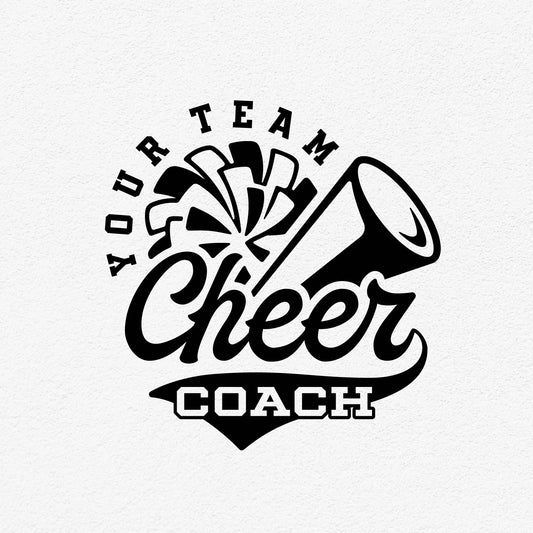 Cheer Coach design featuring megaphone and pom-poms, suitable for cheer team shirts in SVG, PNG, DXF, EPS formats.