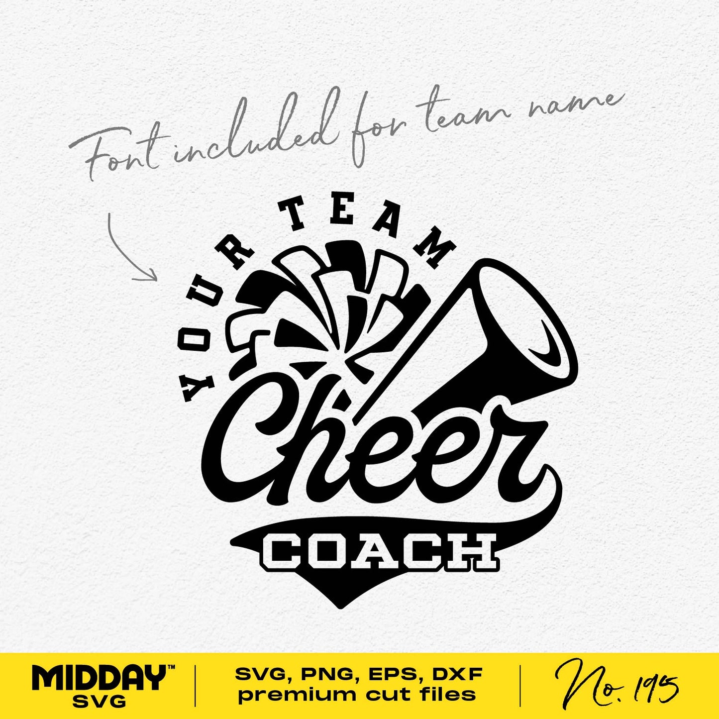 Cheer Coach SVG with customizable team name font, compatible with Cricut and Silhouette, includes SVG, PNG, DXF, EPS formats.