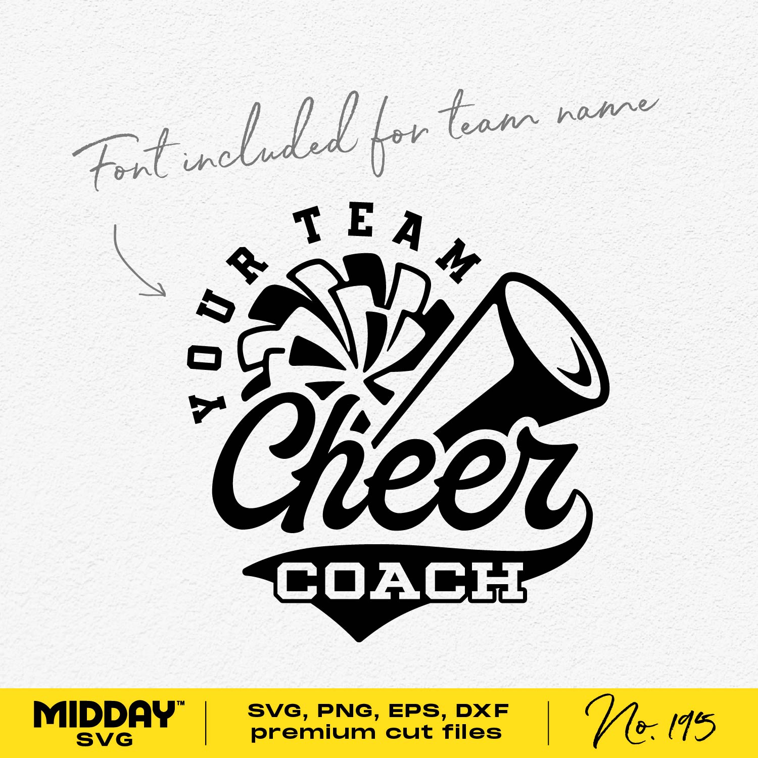 Cheer Coach SVG with customizable team name font, compatible with Cricut and Silhouette, includes SVG, PNG, DXF, EPS formats.
