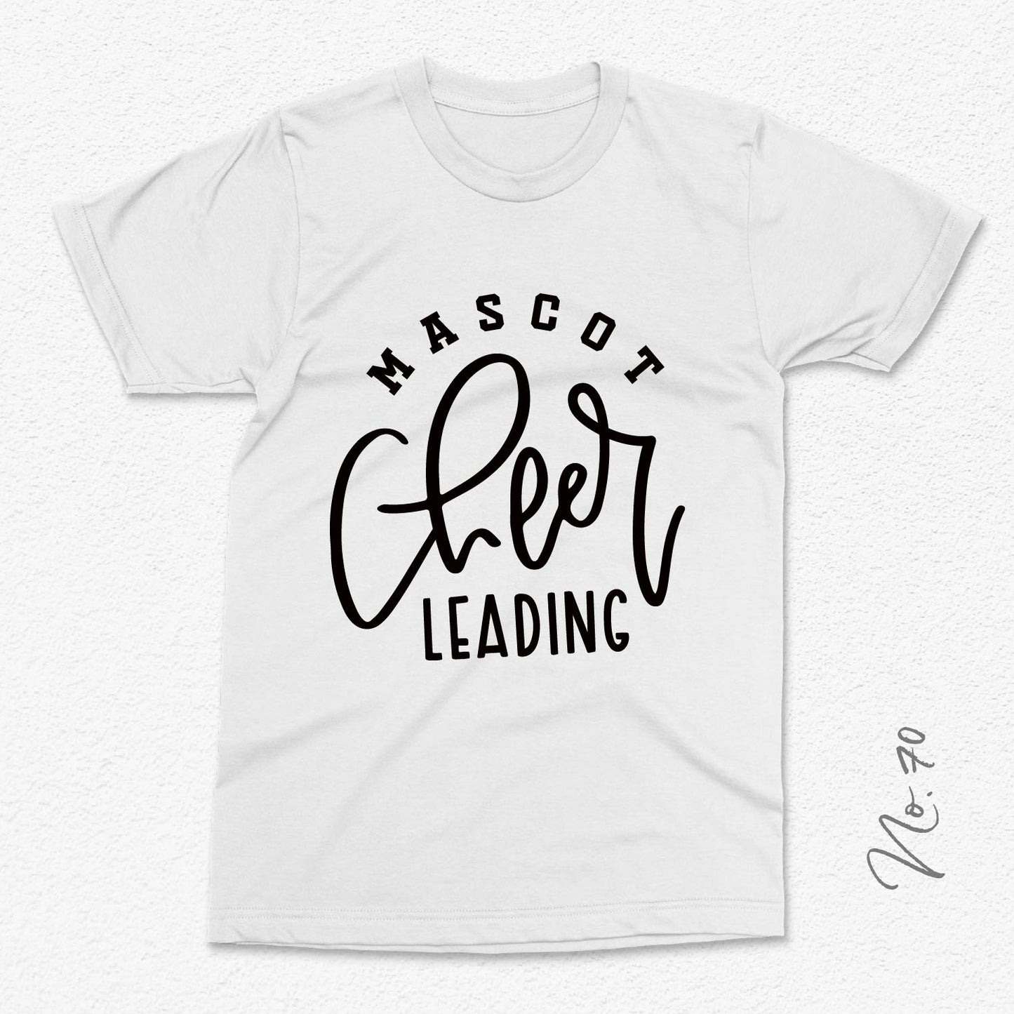 Mascot cheerleading t-shirt with stylish black font design on a white background.