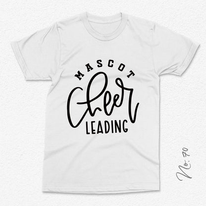 Mascot cheerleading t-shirt with stylish black font design on a white background.