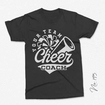 Black cheer coach t-shirt featuring megaphone and pom-pom graphic with customizable team name text.