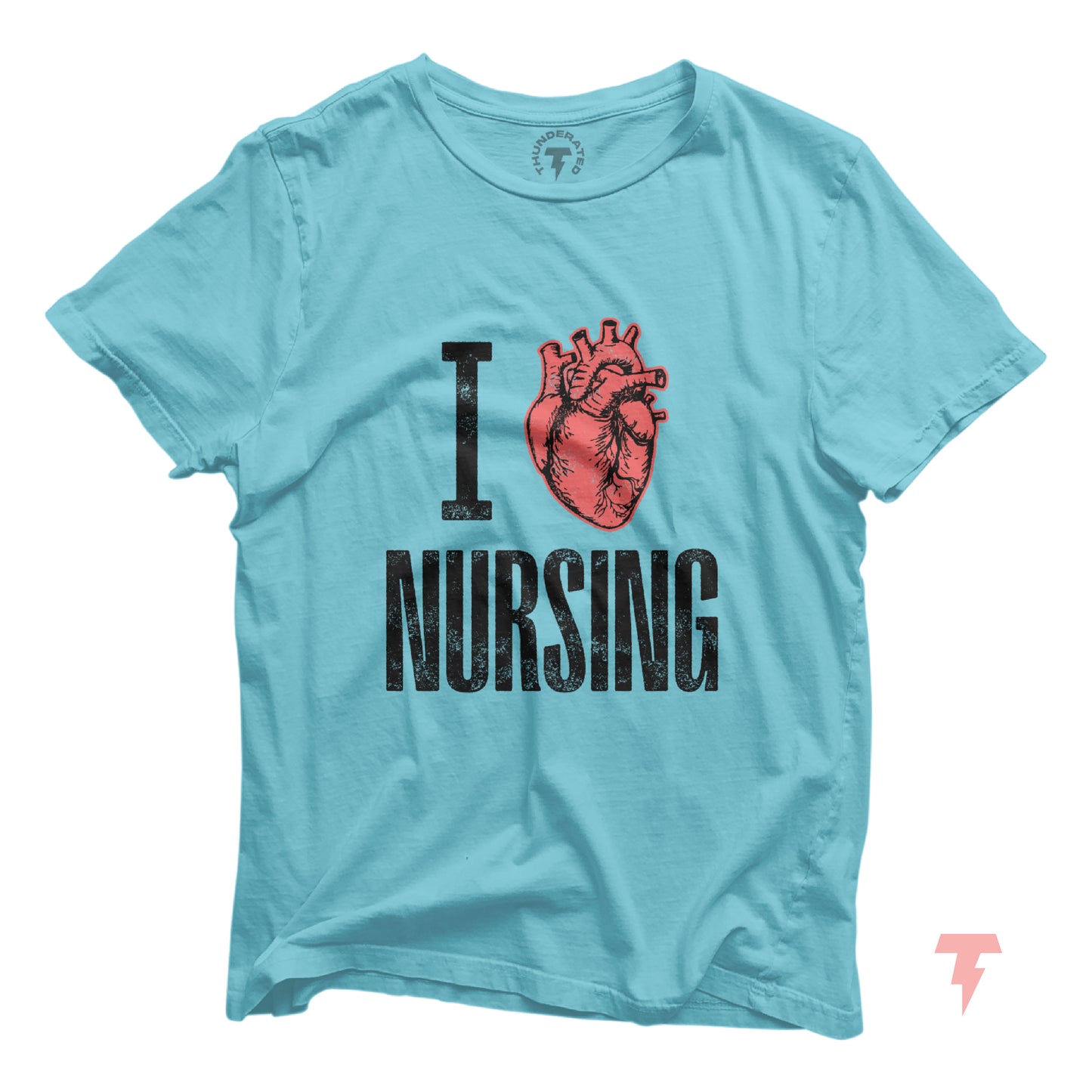 Mint green 'I Love Nursing' shirt featuring a red anatomical heart graphic; perfect for nurses, RN, LPN, and healthcare workers.