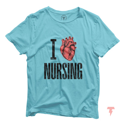 Mint green 'I Love Nursing' shirt featuring a red anatomical heart graphic; perfect for nurses, RN, LPN, and healthcare workers.