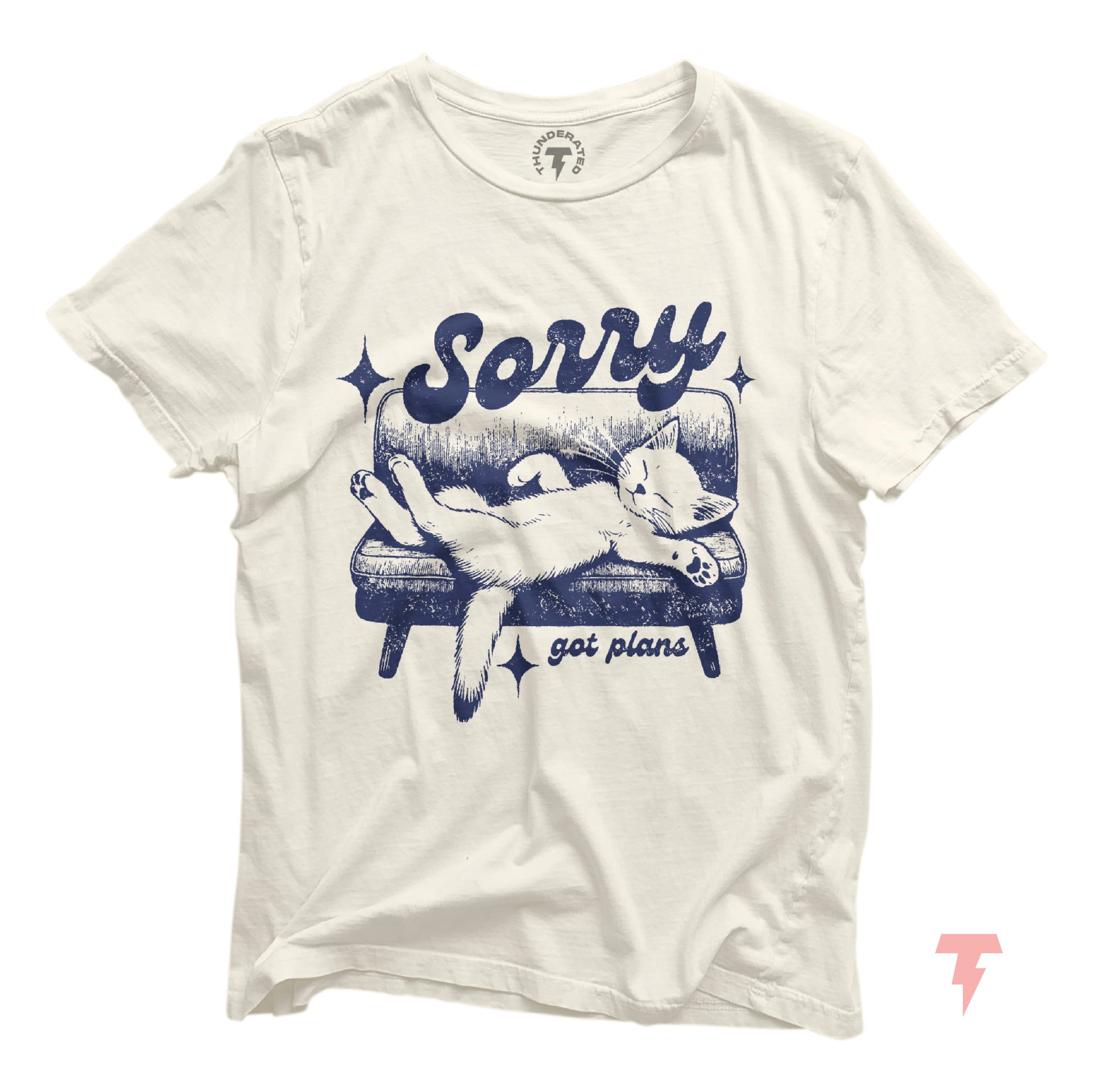 "Sorry, Got Plans" funny cat graphic tee for cat lovers, featuring a lounging cat illustration on a white cotton shirt.