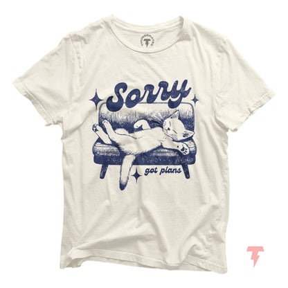 "Sorry, Got Plans" funny cat graphic tee for cat lovers, featuring a lounging cat illustration on a white cotton shirt.