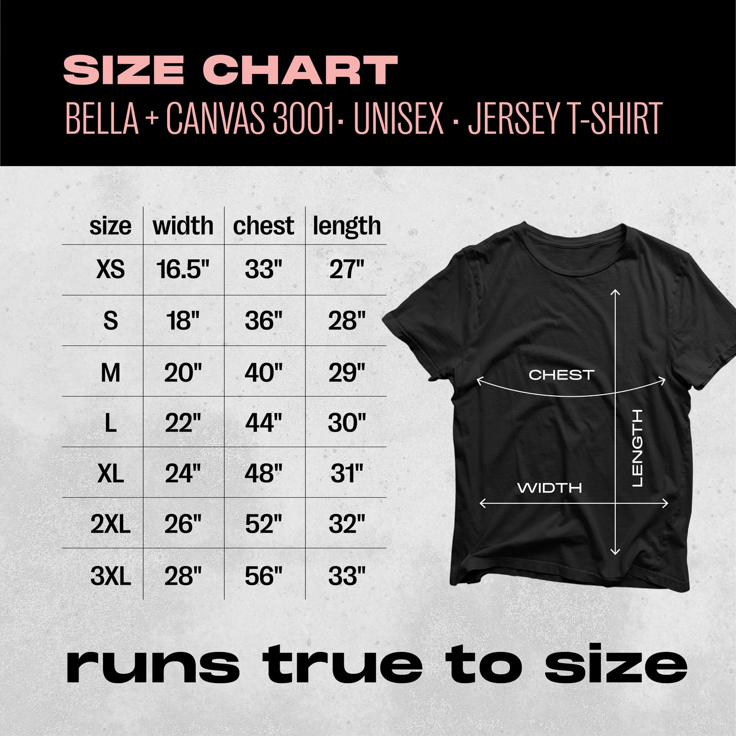 Bella + Canvas 3001 Unisex Jersey T-Shirt Size Chart with XS-3XL measurements showing chest, width, and length dimensions.