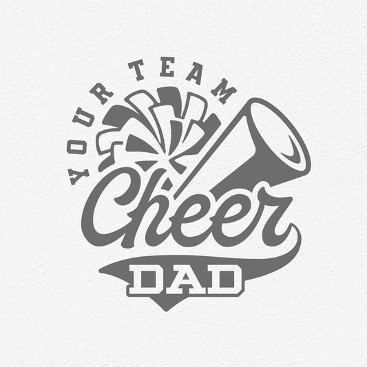 Cheer Dad Template design featuring megaphone and pom-poms for custom apparel and accessories.