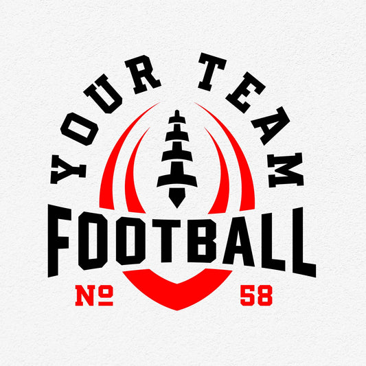 Customizable football team logo template with the text 'Your Team Football No. 58' featuring bold black and red design elements.