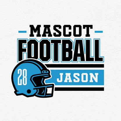 Football team template with customizable mascot, player name 'Jason', and number '28' in blue and black design.