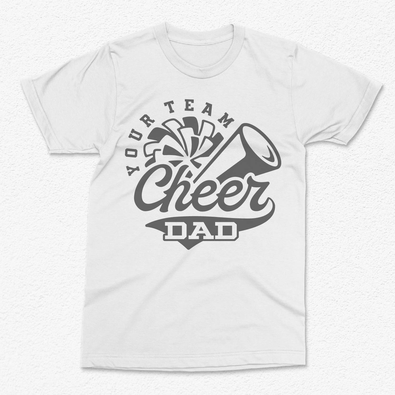 Cheer Dad t-shirt with megaphone and pom-pom design, perfect for proud parents supporting their cheerleading superstars.