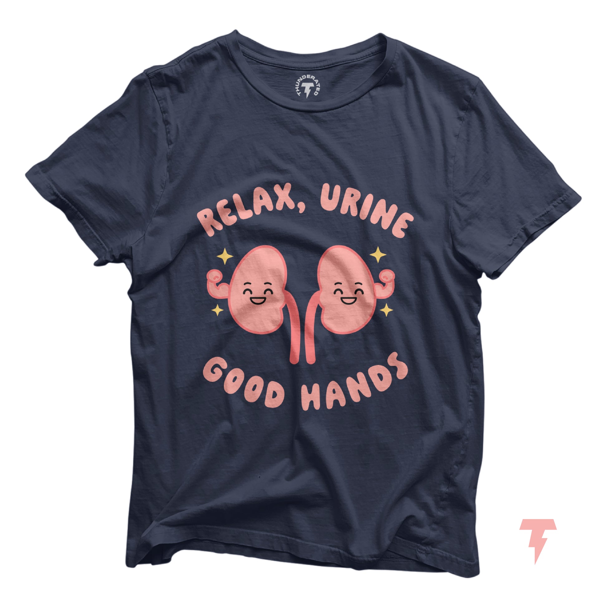 Black V-neck shirt with cartoon kidneys and text 'Relax, Urine Good Hands' for dialysis, nephrology nurse gift.