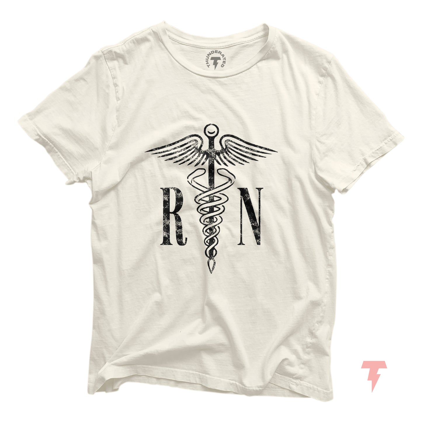 White RN t-shirt featuring caduceus symbol, perfect for registered nurses, 100% cotton, ideal RN graduation gift.