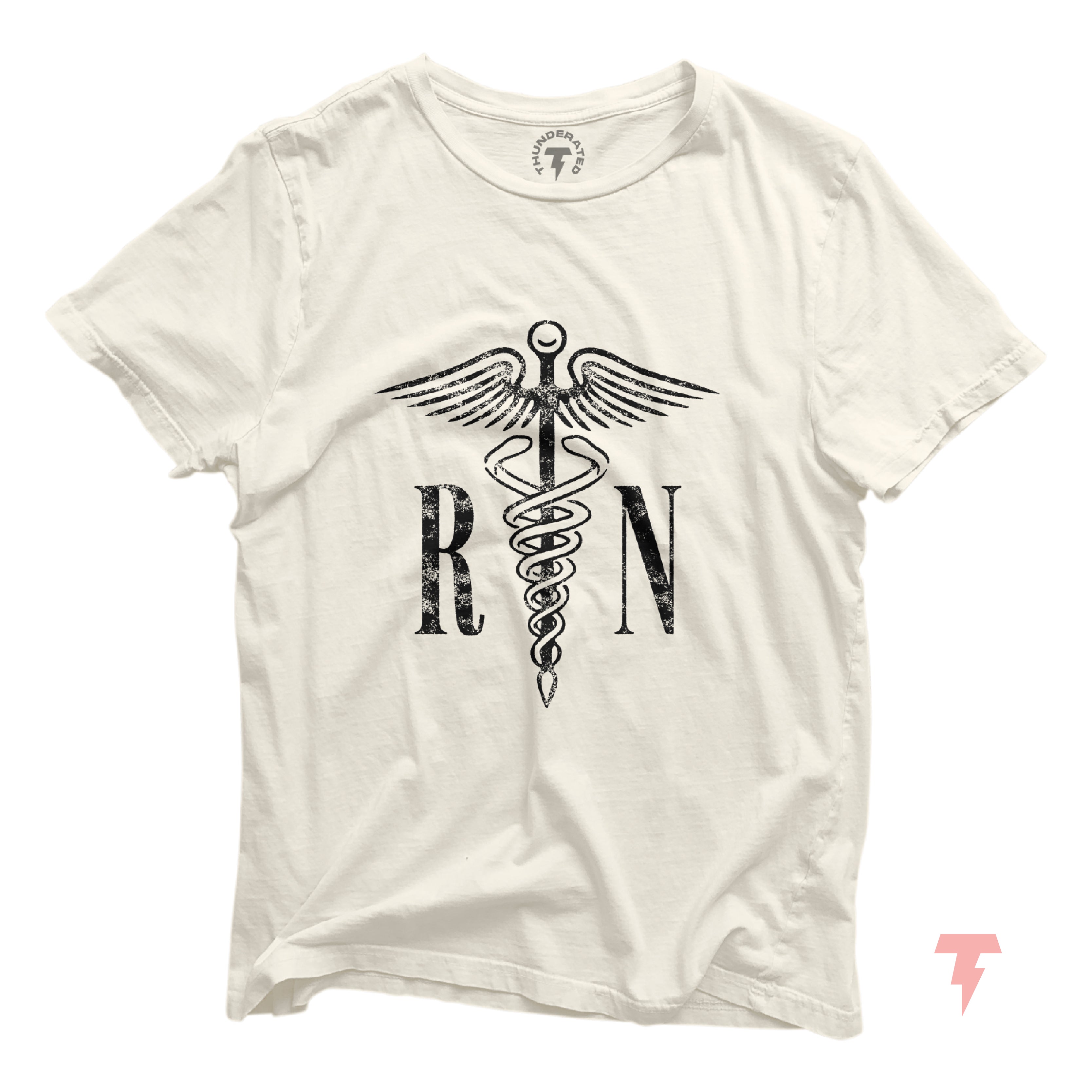 a white t - shirt with the word rn on it