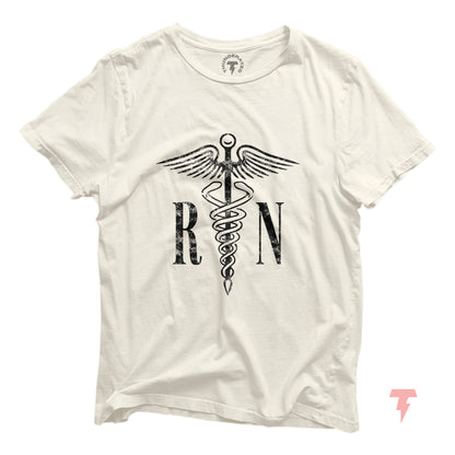 White RN t-shirt featuring caduceus symbol, perfect for registered nurses, 100% cotton, ideal RN graduation gift.