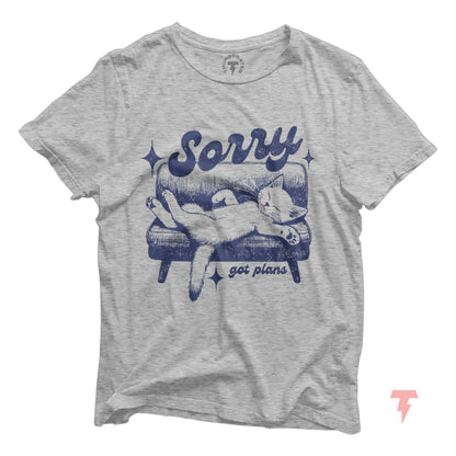 "Sorry, Got Plans" funny cat shirt, gift for cat lovers featuring a relaxed cat print. Made from lightweight, breathable cotton.