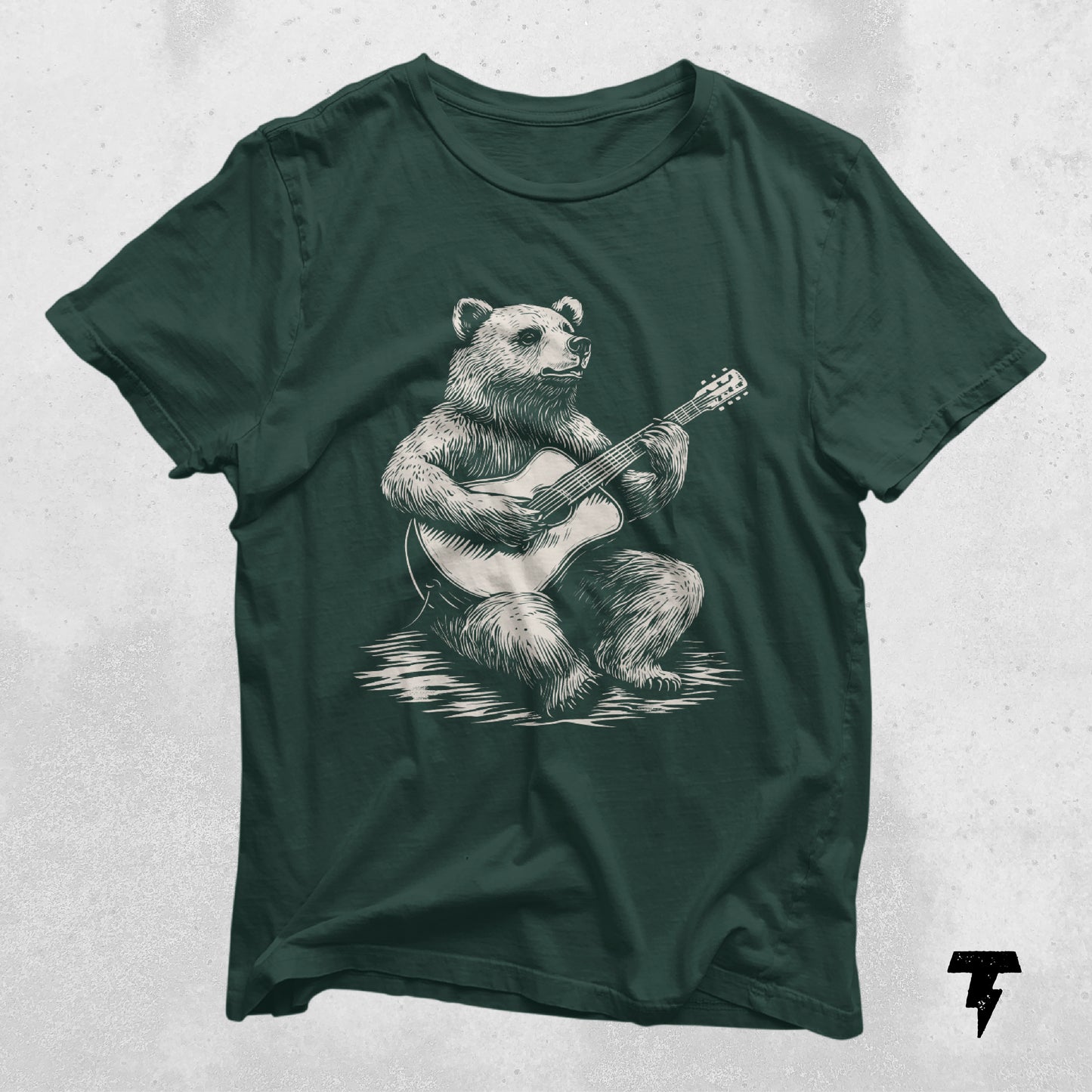 Green t-shirt with a bear playing guitar design, ideal gift for guitarists and music lovers, made from breathable cotton.