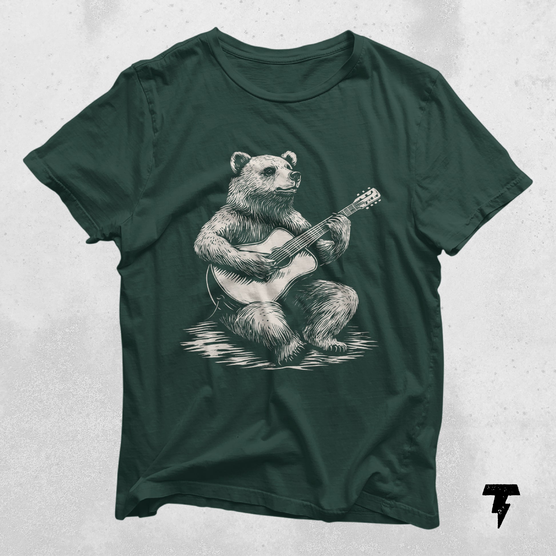 Green t-shirt with a bear playing guitar design, ideal gift for guitarists and music lovers, made from breathable cotton.