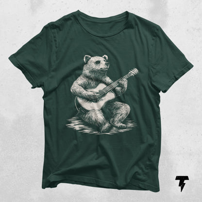 Green t-shirt with a bear playing guitar design, ideal gift for guitarists and music lovers, made from breathable cotton.