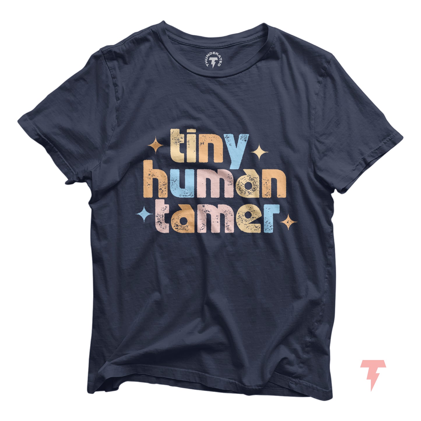Navy blue t-shirt with "Tiny Human Tamer" in colorful text, perfect for pre-k, kindergarten, and daycare teachers.