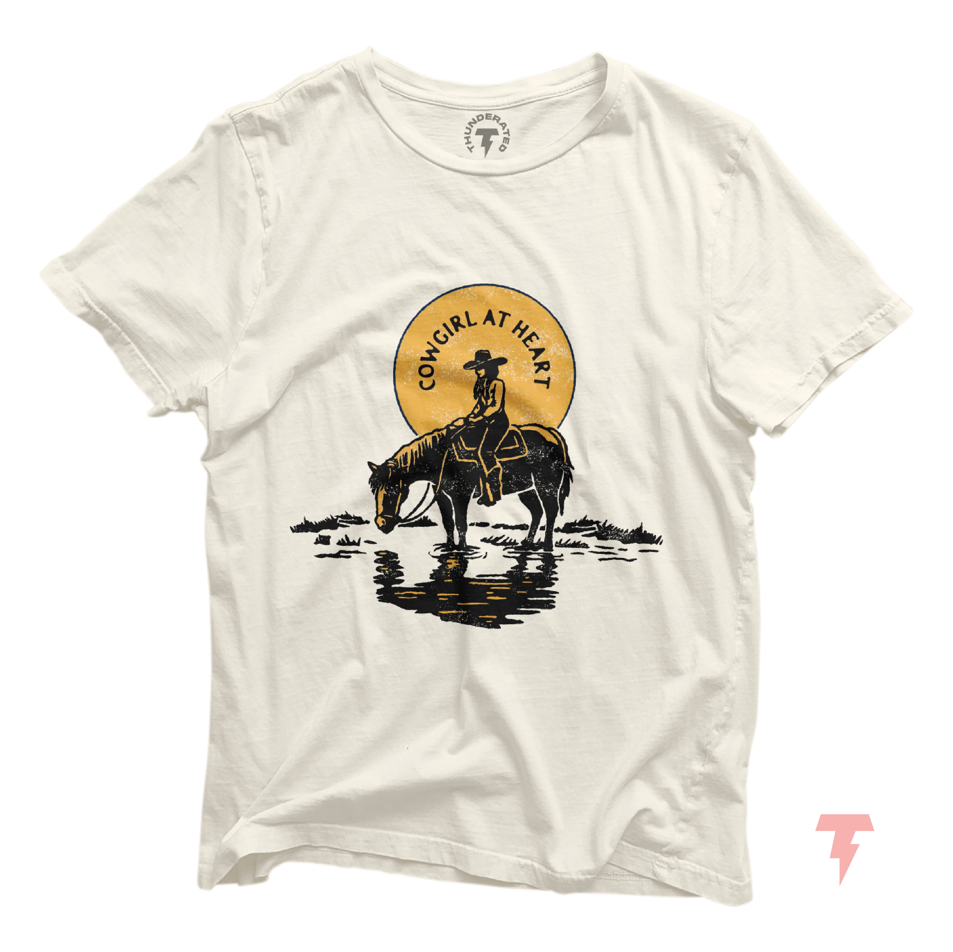 a white t - shirt with an image of a cowboy on a horse